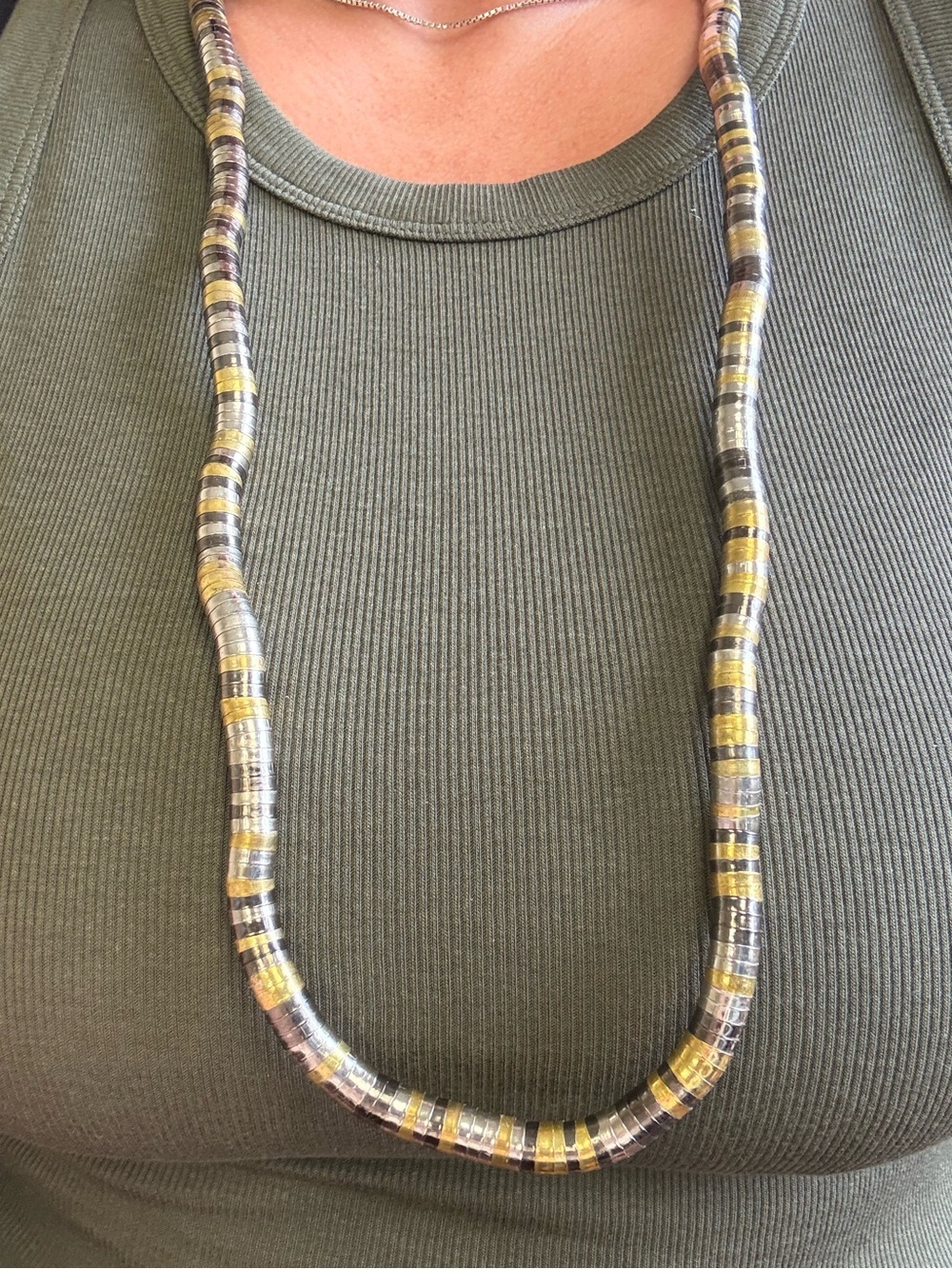 Vintage 1970's Mixed Metal Snake Coil Necklace Tricolor Yellow, Silver, Black.